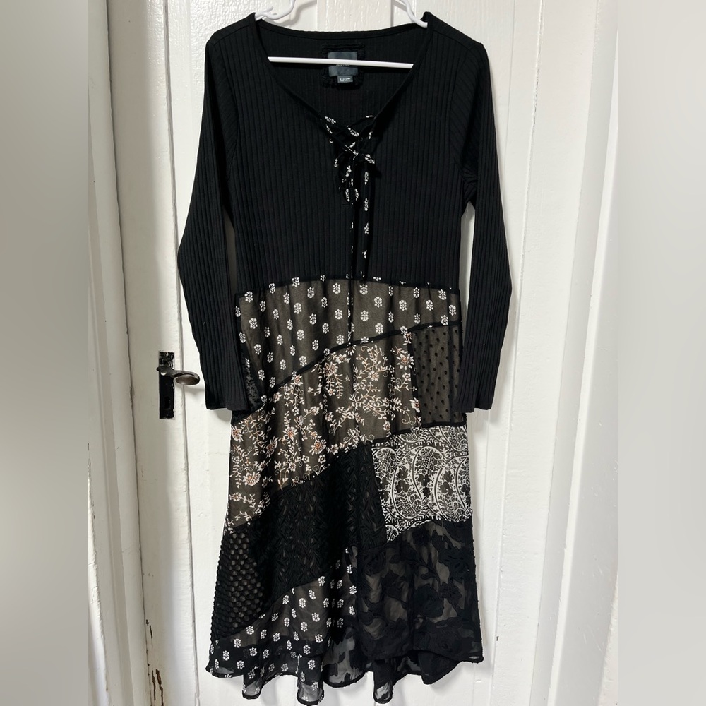Anthropologie Maeve Belle Noir Patchwork Lace Up Petite Dress Black Medium